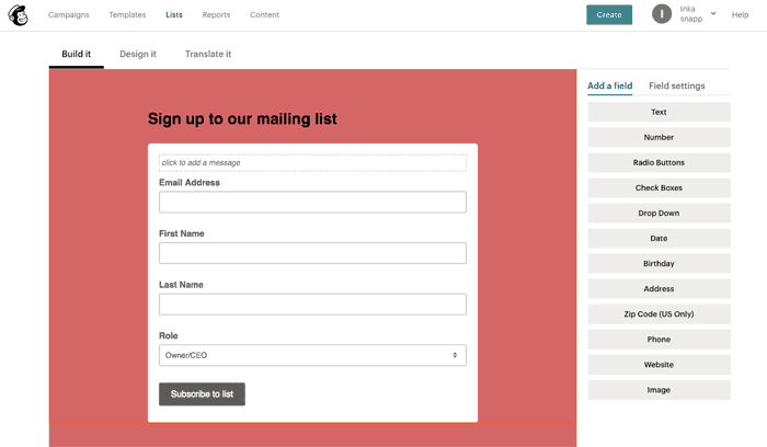 MailChimp formulier editor visual