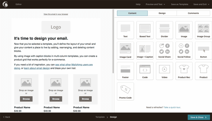 MailChimp editor visual